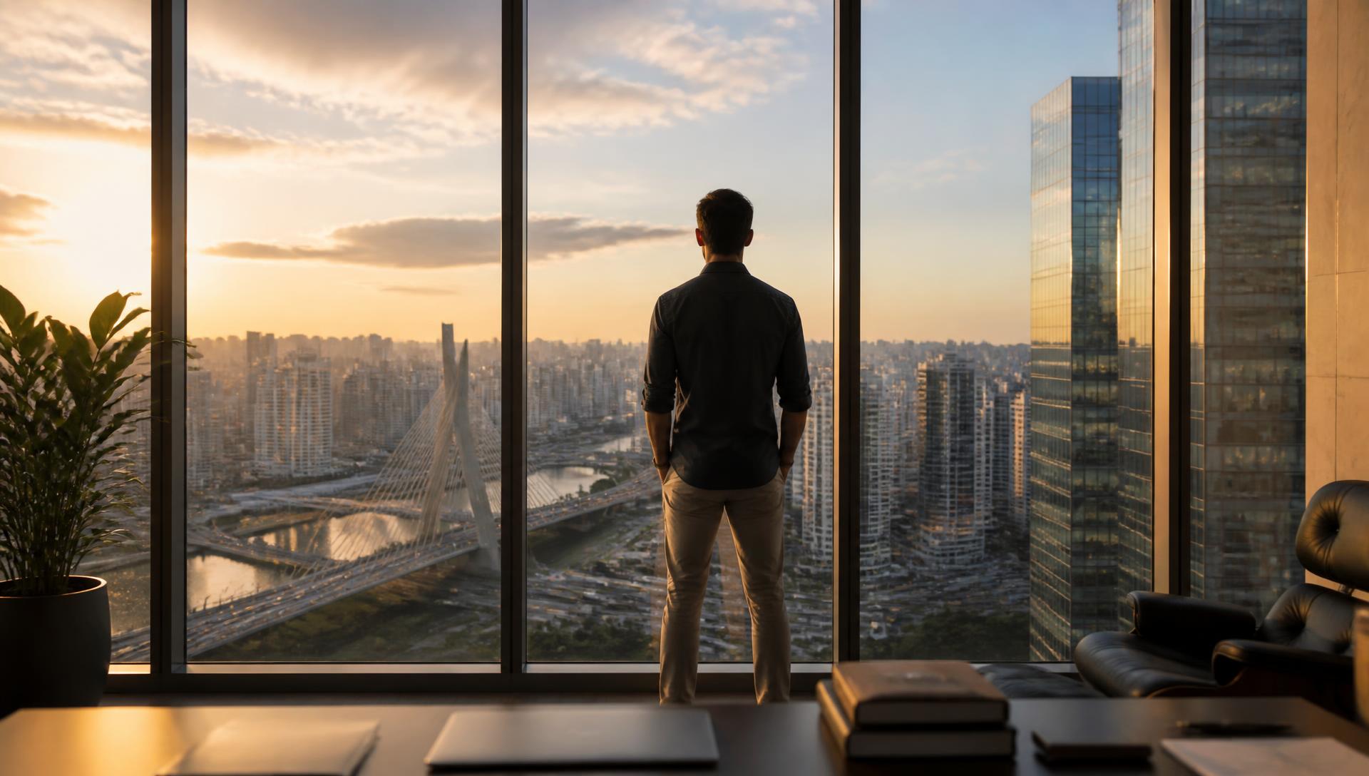 Empreendedor observando a cidade pela janela de um escritório moderno